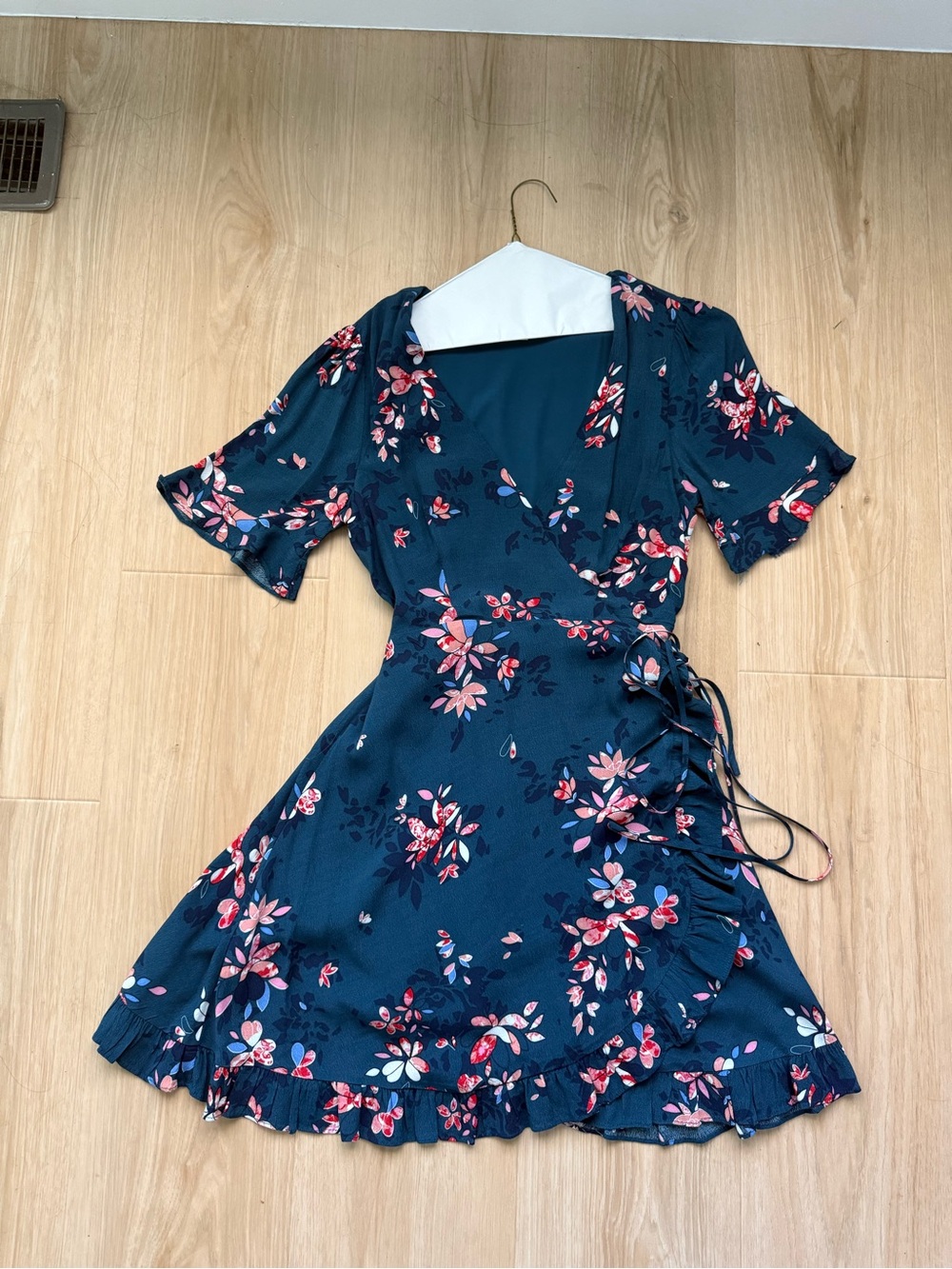 Lulu's Teal Floral Wrap Dress with Pink Accents